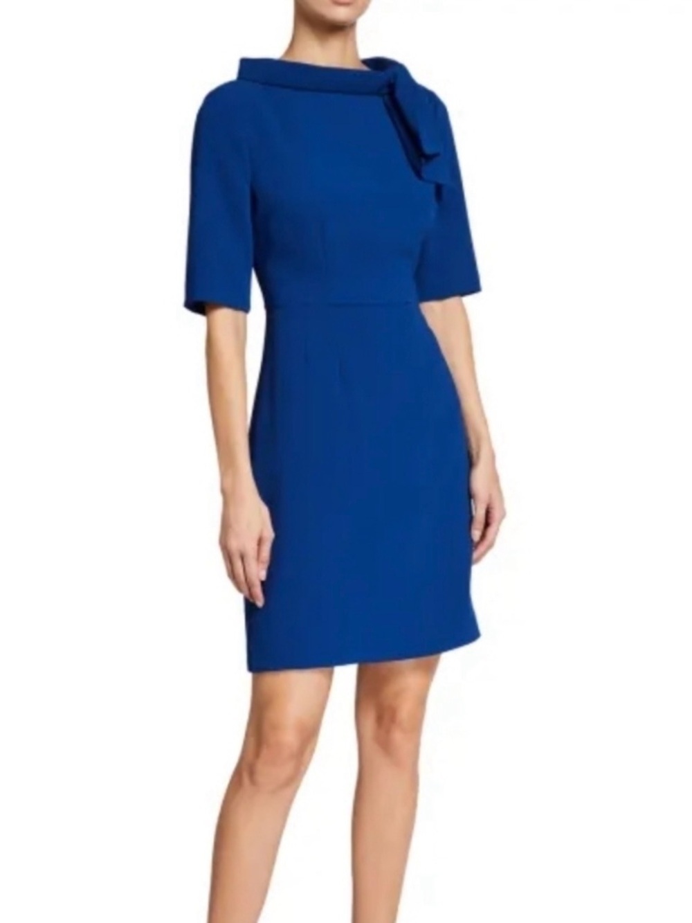 Trina Turk Warren Barrett Blue EUC Sheath Dress Bow Neck Detail Sz 6 Retro Chic